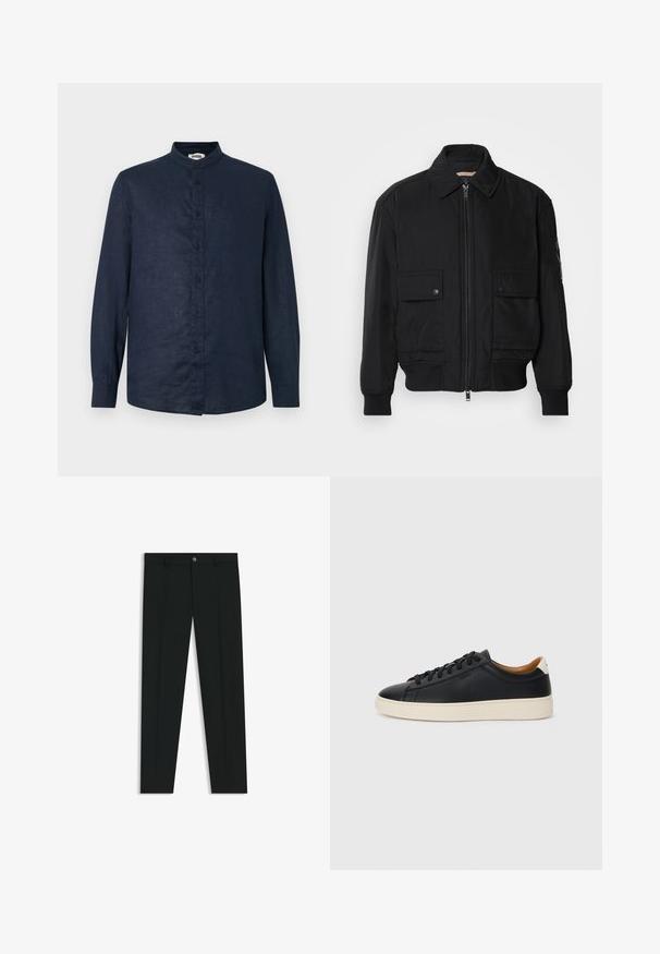 Giacca bomber nera realizzata in tessuto morbido e leggero. Caratterizzata da una chiusura con zip frontale, due tasche sul petto con bottone e polsini a costine.; Camicia di lino blu navy con colletto alla mandarino, maniche lunghe e chiusura a bottoni sul davanti; texture liscia e senza motivi.; Pantaloni neri in tessuto lisci, con design a gamba dritta. Presentano una chiusura frontale con bottone e passanti per cintura. Senza fantasie.; Sneakers in pelle nera con una texture liscia, suola in gomma beige, design con lacci e un accento del tacco in contrasto.