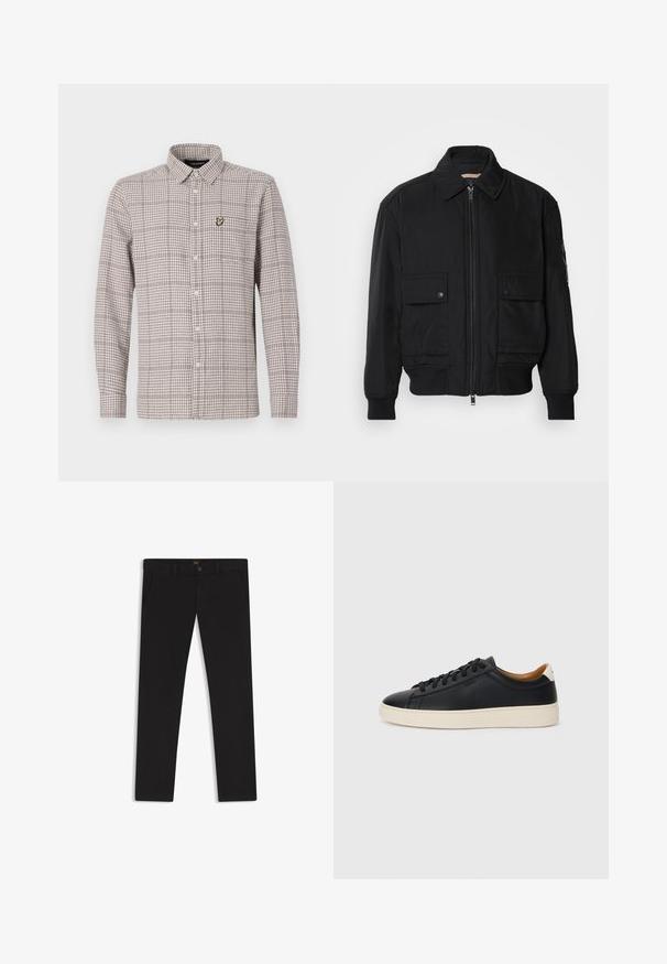 Schwarze Bomberjacke aus glattem, leichtem Stoff. Mit einem Reißverschluss vorne, zwei aufknöpfbaren Brusttaschen und gerippten Bündchen.; Kariertes Button-Down-Hemd in Beige und Braun, mit langen Ärmeln, Kragen und einem kleinen gestickten Logo auf der Brusttasche.; Schwarze Hosen aus einem Stoff mit glatter текстуре. Verfügt über einen Knopfverschluss, Gürtelschlaufen und Seitentaschen. Klassisches Design mit geradem Bein.; Schwarze Ledersneaker mit glatter Textur, beiger Gummisohle, Schnürdesign und einem kontrastierenden Fersenakzent.