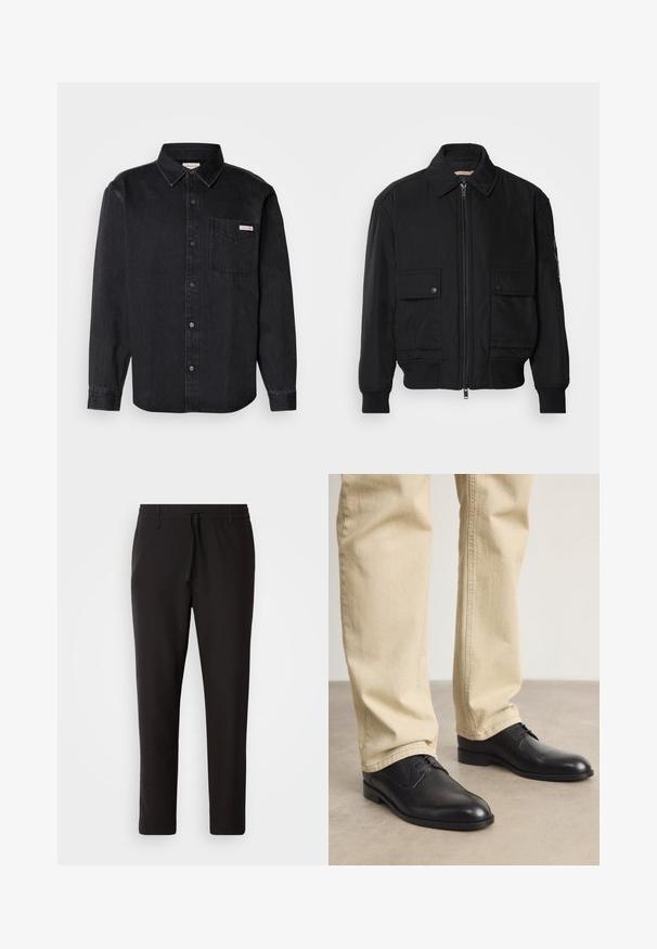 Fekete bomberdzseki sima, könnyű anyagból. Cipzáras elülső részével, két gombos mellzsebével és bordás mandzsettáival rendelkezik.; Fekete farmer gombos ing, hegyes gallérral, hosszú ujjakkal, egyetlen mellzsebbel és egy kis márkajelel a zsebén.; Fekete jogger nadrág sima anyagból. Rugalmas derekú, húzózsinórral, tapered lábakkal és látható zsebek nélkül készül. Egyszerű dizájn.; Fekete bőrfűzős cipő kerek orral, sima felülettel és finom varrási részletekkel, világos bézs nadrággal viselve.