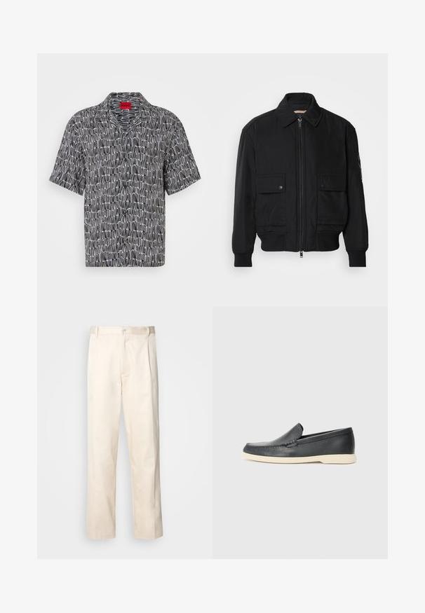 Fekete bomberdzseki sima, könnyű anyagból. Cipzáras elülső részével, két gombos mellzsebével és bordás mandzsettáival rendelkezik.; Rövid ujjú, fekete-fehér mintázatú ing, camp gallérral és laza fazonnal. Geometrikus mintázattal rendelkezik, és egy piros HUGO címke található a gallérnál.; Beige pamut nadrág egyenes szárú kivágással, gombos záródással és elülső redőkkel a részletek fokozása érdekében.; Fekete bőr, slip-on stílusú loaferek, texturált felülettel és kontrasztos bézs gumitalppal. A frontrészén finom díszítéssel rendelkezik.