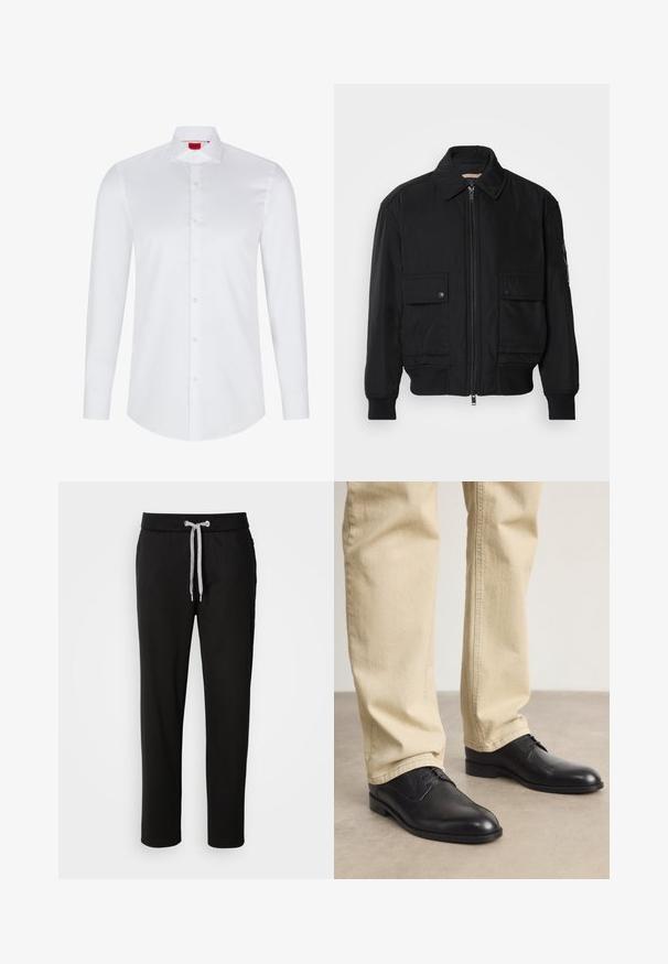 Black bomber jacket made of smooth, lightweight fabric. Features a zip front, two buttoned chest pockets, and ribbed cuffs.; White long-sleeve button-up shirt made of smooth cotton. Features a classic collar, full button placket, and rounded hemline.; Black sweatpants made of soft fabric, featuring an elastic waistband with a drawstring and side pockets. Casual design with a straight fit.; Black leather lace-up shoes with a rounded toe, smooth finish, and subtle stitching details, worn with light beige pants.