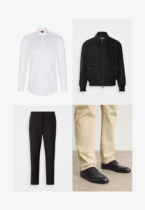 Sort bomberjakke lavet af glat, letvægtsstof. Har lynlås foran, to knap-lukkede brystlommer og ribbede manchetter.; Hvid langærmet skjorte med knaplukning lavet af glat bomuld. Har en klassisk krave, fuld knaplukning og afrundet nederkant.; Sorte joggebukser lavet af glat stof. Har en elastisk talje med snor, tætsiddende ben og ingen synlige lommer. Enkel design.; Sorte læder snørebåndssko med rund tå, glat finish og diskrete syninger, båret med lyse beige bukser.