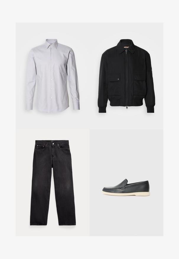 Musta pommijakku, joka on valmistettu sileästä, kevyestä kankaasta. Varusteena vetoketjukiinnitys, kaksi napillista rintataskua ja ribbattu hihansuu.; Vaaleanharmaa pitkähiha-aita, jossa on napillinen kaulus, valmistettu kudotusta kankaasta. Aita on klassinen istuvuudeltaan ja siinä on valkoiset napit edessä.; Mustat farkut, joissa on rento istuvuus, viisi taskua, nappisuljenta ja hieno haalistuminen kankaan pinnalla.; Mustat nahkakengät ilman nauhoja, joissa on teksturoitu pinta ja kontrastoiva beige kumipohja. Kengissä on hillitty yksityiskohta etuosassa.