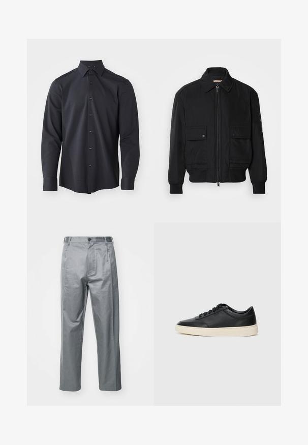 Fekete bomberdzseki sima, könnyű anyagból. Cipzáras elülső részével, két gombos mellzsebével és bordás mandzsettáival rendelkezik.; Sötétkék, hosszú ujjú, gombos ing, texturált mintával, klasszikus gallérral és fekete gombokkal az elején.; Szürke pamut keverék nadrág, egyenes szabással, elülső gombos záródással, övrésekkel és oldalsó zsebekkel.; Fekete, alacsony szárú bőrsneaker fekete fűzőkkel és törtfehér talppal, oldalnézetben, fehér háttér előtt.