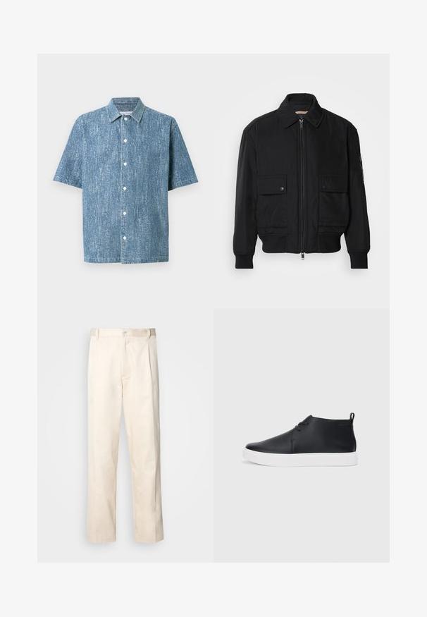 Fekete bomberdzseki sima, könnyű anyagból. Cipzáras elülső részével, két gombos mellzsebével és bordás mandzsettáival rendelkezik.; Kék farmer anyagból készült rövid ujjú gombos ing, struktúrált felülettel, klasszikus gallérral és fehér gombokkal.; Beige pamut nadrág egyenes szárú kivágással, gombos záródással és elülső redőkkel a részletek fokozása érdekében.; Fekete bőr magas szárú sneakers, sima felülettel, fehér gumi talppal és egyszerű, fűzős dizájnnal. Hátul húzófül található.