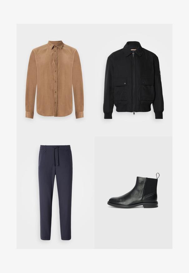 Giacca bomber nera realizzata in tessuto morbido e leggero. Caratterizzata da una chiusura con zip frontale, due tasche sul petto con bottone e polsini a costine.; Camicia button-up marrone a maniche lunghe in tessuto morbido, con colletto classico e chiusura frontale a bottoni. Tessuto liscio con taglio dritto.; Pantaloni jogger blu navy con vita elasticizzata e cordino. Realizzati in materiale liscio, presentano gambe affusolate e nessuna tasca visibile.; Stivali neri in pelle alla caviglia con pannelli laterali elasticizzati, punta rotonda, tacco basso a blocco e un linguetta sul retro per indossarli facilmente.