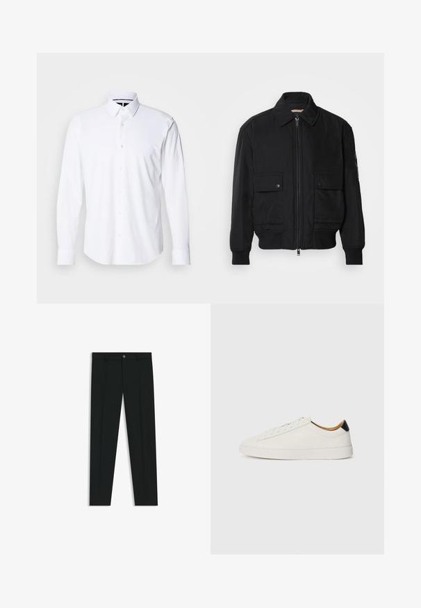 Musta pommijakku, joka on valmistettu sileästä, kevyestä kankaasta. Varusteena vetoketjukiinnitys, kaksi napillista rintataskua ja ribbattu hihansuu.; Valkoinen pitkähihaista paitaa, joka on valmistettu sileästä kankaasta. Paidassa on napillinen kaulus ja kuusi nappia edessä; hihansuut on muotoiltu siistiä viimeistelyä varten.; Musta housut, joissa on suora lahje, valmistettu sileästä kankaasta. Edessä nappisulku ja vyölenkit. Yksinkertainen ilman kuvioita.; Valkoinen tennari, jossa on sileä nahkapinta, pyöreä kärki ja tasapohja. Musta yksityiskohta kantapäässä, jossa on samaa sävyä olevat nauhat ja minimaalinen brändäys.