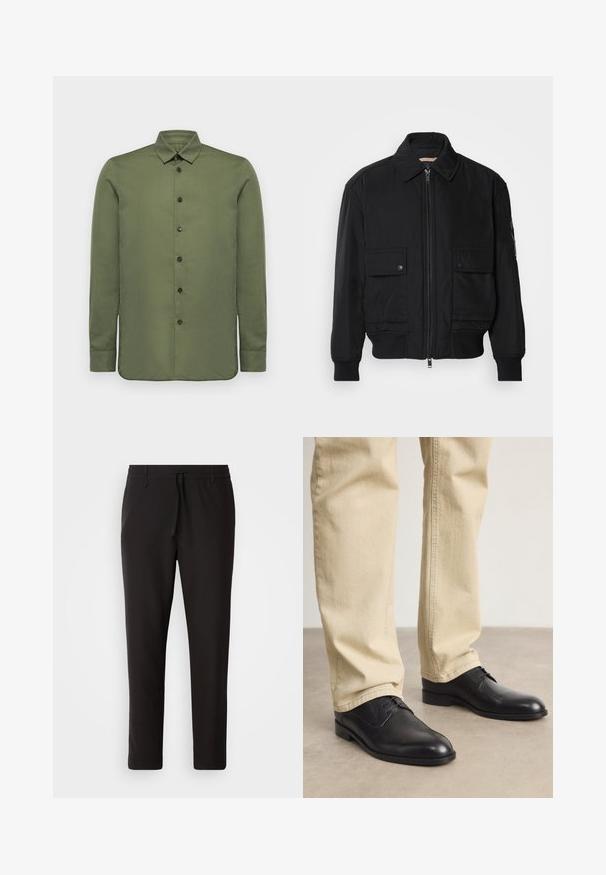 Zwarte bomberjack gemaakt van soepel, lichtgewicht materiaal. Voorzien van een ritssluiting aan de voorkant, twee knoopsluitingen op de borstzakken en geribbelde manchetten.; Olijfgroene blouse met lange mouwen, een puntige kraag, sluiting met knopen aan de voorkant en een gladde textuur. Heeft subtiele stiknaden en een rechte zoom.; Zwarte joggingsbroek van gladde stof. Kenmerkt zich door een elastische tailleband met een trekkoord, taps toelopende benen en geen zichtbare zakken. Eenvoudig ontwerp.; Zwarte leren veterschoenen met een ronde neus, een gladde afwerking en subtiele stikdetails, gedragen met lichtbeige broeken.