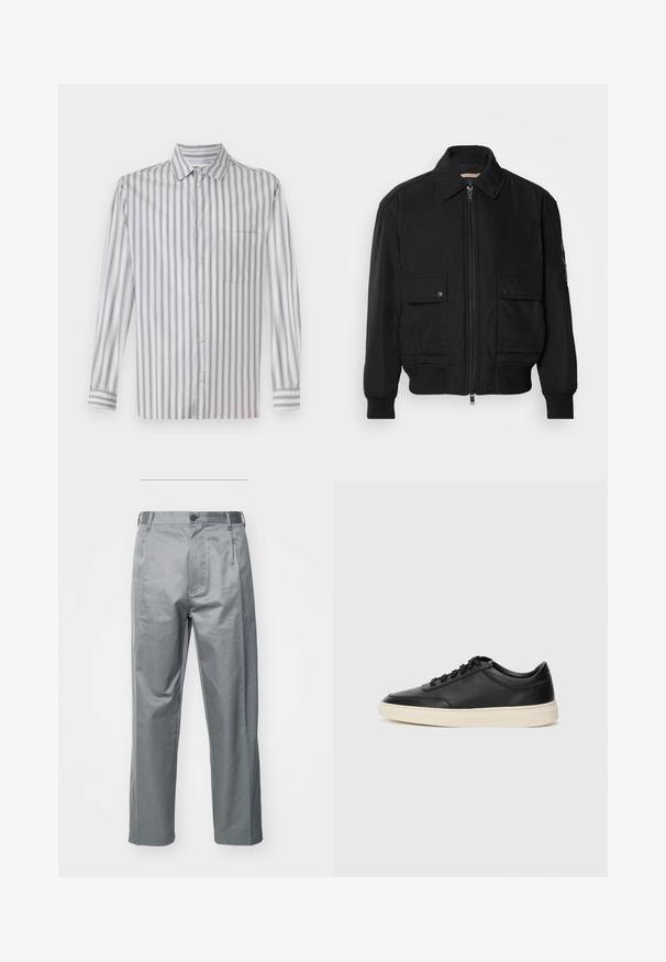 Črna bomberska jakna iz gladkega, lahkega materiala. Ima zadrgo spredaj, dva žepa na prsih s preklopom in rebraste manšete.; Srajca z gumbki v svetlo sivi barvi z belimi navpičnimi črtami, dolgi rokavi, ovratnik, en sam žep na prsih in subtilna tekstura.; Sive hlače iz bombažne mešanice z ravnim krojem, z sprednjim gumbom za zapiranje, zanka za pas in stranskimi žepi.; Črne nizke usnjene teniske s črnimi vezalkami in svetlo belo podplatom, prikazane v stranskem profilu na beli podlagi.