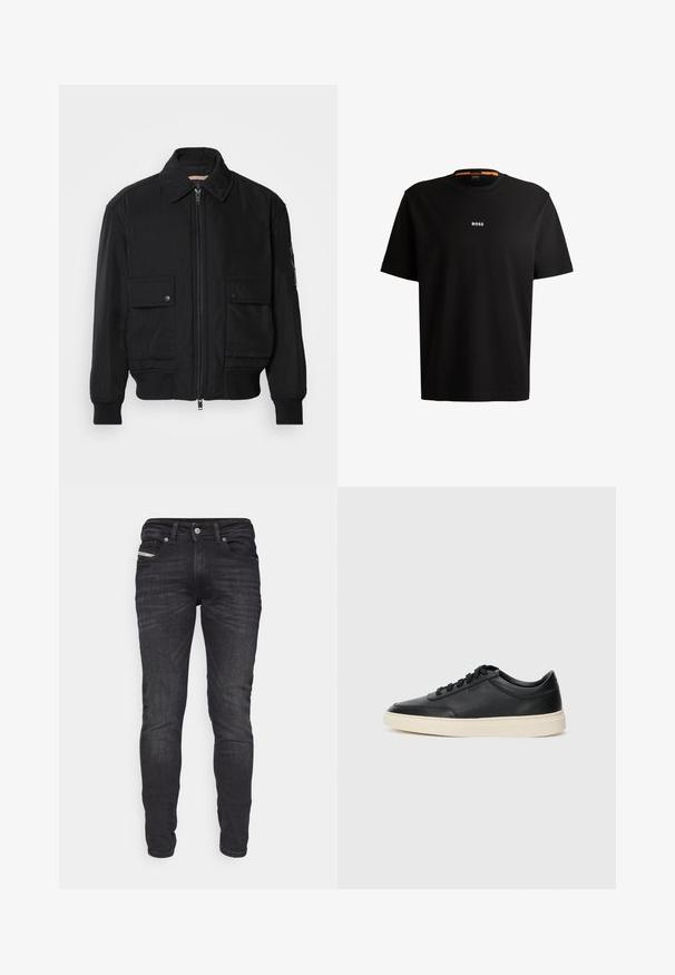 Must mustrakk musth kergestikuti kergemest kuduklett, kergete vestid valjase tormakate. Omab fasadi lukkumist, kahte nööbül pulsiv кофейня ning ribitud käiseid.; Must musta T-särk ümmarguse kaelusega, lühikeste varrukatega ja valge "BOSS" logoga, mis on keskendatud rinnale. Sile tekstuur, võimaldab mugavat istuvust.; Slim-fit mustadest denimist püksid, millel on ees ja taga taskud, vöökohad, nööbilukuga ning peened tuhmumised.; Mustad musta nahast madal sneaker mustade nööpidega ja kreemivalge tallaga, nähtud külgprofiilis valge tausta ees.