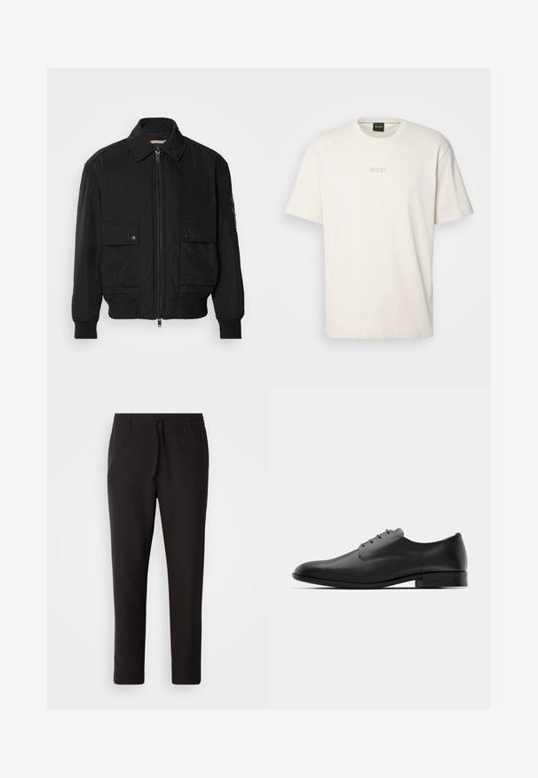 Juodas bomber stiliaus švarkas, pagamintas iš sklandaus, lengvo audinio. Su užtrauktuku priekyje, dviem kišenėmis su sagomis ant krūtinės ir guma apykaklėje.; BOSS TEE - Paprasti marškinėliai - open white; Juodi džinsai, pagaminti iš lygaus audinio. Yra elastinė juosmens juosta su raišteliu, siaurėjantys džinsai, be matomų kišenių. Paprastas dizainas.; Juodas odinis elegantiškas batų dizainas, su apvaliu pirštu, penkiomis skylutėmis šniūroms ir nedideliu pakeltu kulnu. Subtilus įspaustas logotipo detalė.