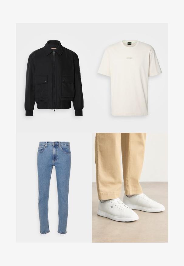 Crna bomberska jakna od glatkog, laganog materijala. Ima zatvarač sprijeda, dva gumbasta džepa na prsima i rebraste manžete.; BOSS TEE - Osnovna majica kratkih rukava - open white; Svijetloplave uske traperice s prednjim gumbom i munjom, prednjim i stražnjim džepovima, prikazane na bijeloj pozadini.; Bijele kožne tenisice s glatkom površinom, s okruglim vrhom, vezanjem i suptilnim logotipom sa strane, u paru s bež hlačama.