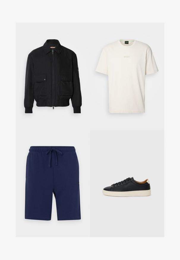 Črna bomberska jakna iz gladkega, lahkega materiala. Ima zadrgo spredaj, dva žepa na prsih s preklopom in rebraste manšete.; BOSS TEE - Navadna majica - open white; Temno modri kratki hlače iz mešanice mehkega bombaža, z elastičnim pasom in vrvico za zavezovanje ter stranskima žepoma.; Črne usnjene superge z gladko teksturo, bež gumijastim podplatom, zavezovalnim dizajnom in kontrastnim nagibom na peti.