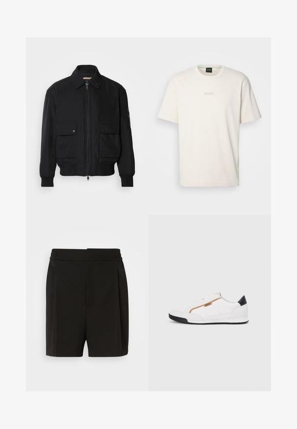 Jachetă bomber neagră, fabricată dintr-un material neted și ușor. Dispune de un fermoar frontal, două buzunare cu nasturi pe piept și manșete ribbrate.; BOSS TEE - Tricou basic - open white; Shorts negri dintr-un material neted, cu un design plițat în față și o talie elastică. Pantalonii au un croi drept care oferă o potrivire confortabilă.; Adidași albi cu detalii din plasă și piele. Prezintă un logo auriu "BOSS", panouri laterale texturate și un capac pentru călcâi negru. Talpă din cauciuc.