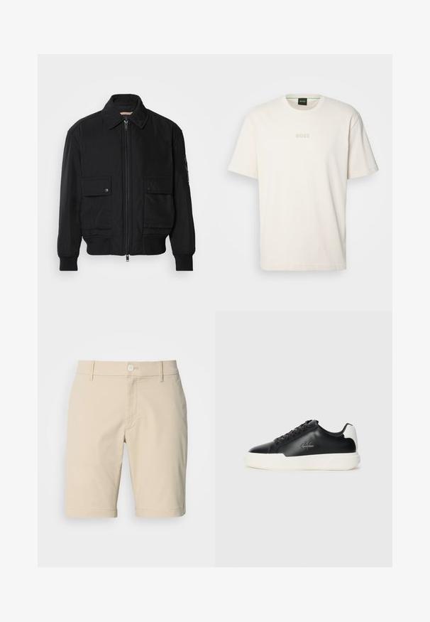 Black bomber jacket made of smooth, lightweight fabric. Features a zip front, two buttoned chest pockets, and ribbed cuffs.; BOSS TEE - Basic T-shirt - open white; Beige cotton shorts with a flat front, button closure, and belt loops. Features pockets and a straight leg design. Smooth texture.; Black leather sneakers with white rubber sole. Features round toe, lace-up design, and logo detail on the side. Rear accent in white.
