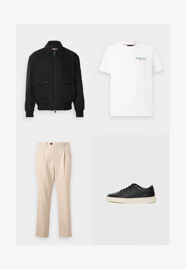 Zwarte bomberjack gemaakt van soepel, lichtgewicht materiaal. Voorzien van een ritssluiting aan de voorkant, twee knoopsluitingen op de borstzakken en geribbelde manchetten.; Witte katoenen t-shirt met korte mouwen, ronde hals, met een groene opdruk op de linker borst met de tekst "The Milliger Herald" en "MCHLXXXV."; Beige geplooide broek van gladde stof, met een rits- en knoopsluiting, rechte pijpen en omgeslagen zoom.; Zwarte leren sneaker met lage schacht, zwarte veters en off-white zool, weergegeven in zijprofiel op een witte achtergrond.