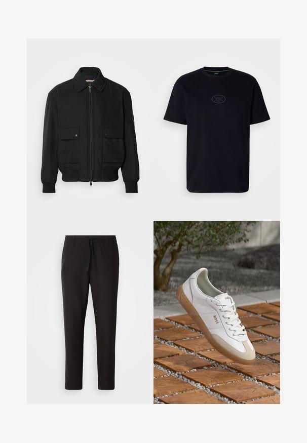 Fekete bomberdzseki sima, könnyű anyagból. Cipzáras elülső részével, két gombos mellzsebével és bordás mandzsettáival rendelkezik.; Fekete pamut póló, kerek nyakkal, rövid ujjakkal és diszkrét szürke "BOSS" logóval az elején, amely laza szabású.; Fekete jogger nadrág sima anyagból. Rugalmas derekú, húzózsinórral, tapered lábakkal és látható zsebek nélkül készül. Egyszerű dizájn.; Fehér bőr sneaker, bézs velúr részletekkel, kerek orral, fűzős elemmel és barna gumitalppal, a "BOSS" márkanevével.