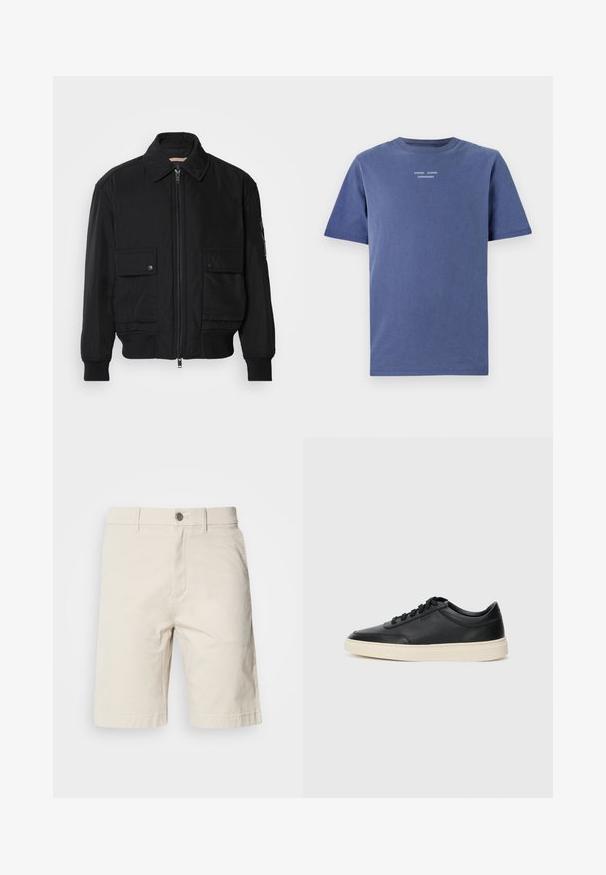 Fekete bomberdzseki sima, könnyű anyagból. Cipzáras elülső részével, két gombos mellzsebével és bordás mandzsettáival rendelkezik.; Tengerészkék, rövid ujjú pamut póló. Jellemzője a kerek nyakú kivágás és a kis fehér felirat a mellkasán: "SAMSØE SAMSØE COPENHÁGA."; Beige színű pamut rövidnadrág egyenes szabással, elöl gombbal és cipzárral záródik, oldalán zsebekkel és varrt szegélyekkel.; Fekete, alacsony szárú bőrsneaker fekete fűzőkkel és törtfehér talppal, oldalnézetben, fehér háttér előtt.