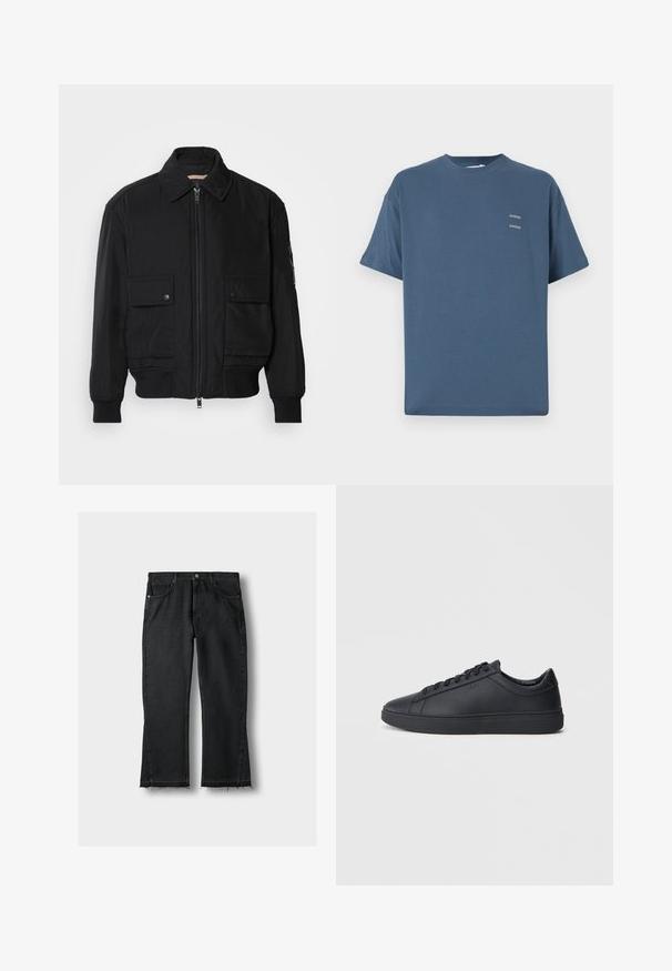Black bomber jacket made of smooth, lightweight fabric. Features a zip front, two buttoned chest pockets, and ribbed cuffs.; Blue cotton t-shirt with a classic crew neck, short sleeves, relaxed fit, and two small printed logos on the chest. Smooth texture.; Black denim jeans with a straight leg cut, featuring a frayed hem, five pockets, and metallic hardware details. Classic design and sturdy texture.; Black sneakers made of smooth leather with a low-top design, round toe, and flat rubber sole. Features laces and subtle branding.