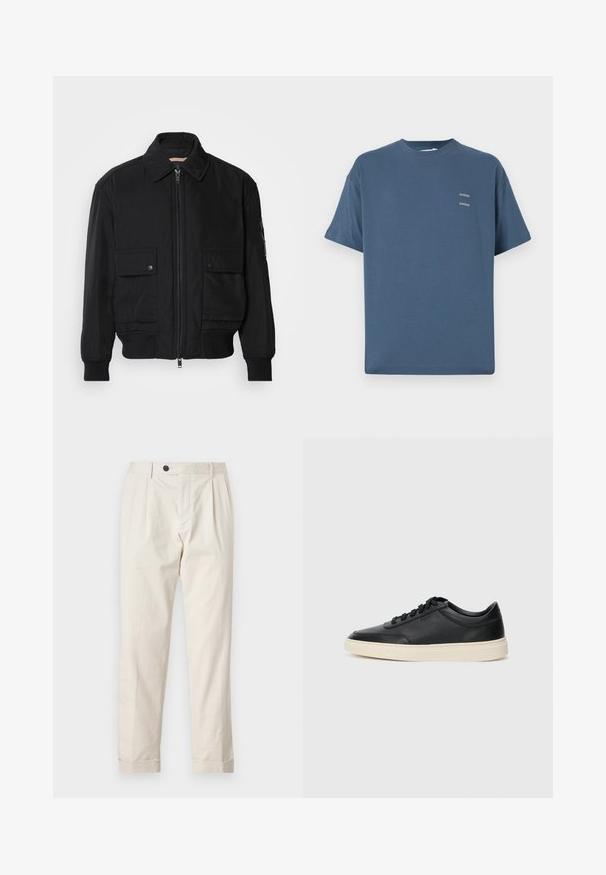 Black bomber jacket made of smooth, lightweight fabric. Features a zip front, two buttoned chest pockets, and ribbed cuffs.; Blue cotton t-shirt with a classic crew neck, short sleeves, relaxed fit, and two small printed logos on the chest. Smooth texture.; Cream-colored trousers with a tailored fit, featuring a single button closure, pleated front, and cuffed hems. Made of lightweight fabric.; Black low-top leather sneaker with black laces and off-white sole shown in side profile on white background.