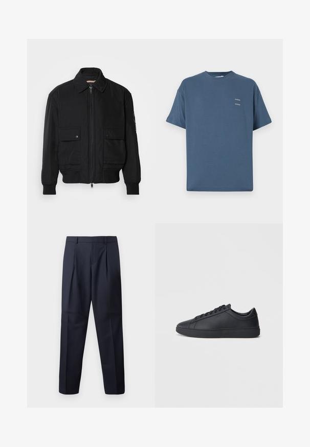 Must mustrakk musth kergestikuti kergemest kuduklett, kergete vestid valjase tormakate. Omab fasadi lukkumist, kahte nööbül pulsiv кофейня ning ribitud käiseid.; Sinine puuvillane T-särk klassikalise ümmarguse kaelusega, lühikeste varrukatega, vabalt istuv ning kahel väikesel prinditud logol rinnal. Sile tekstuur.; Tumed püksid, mis on valmistatud kudumisest, sirge sääre disainiga, kahe esiplekiga ja sileda tekstuuriga koos vöökummidega.; Mustad mustad mustad paelaga, ümmarguse ninaga ja tasase kummist tallaga madala lõikega mustad nahkjalatsid. Omab paelu ja peent brändingut.