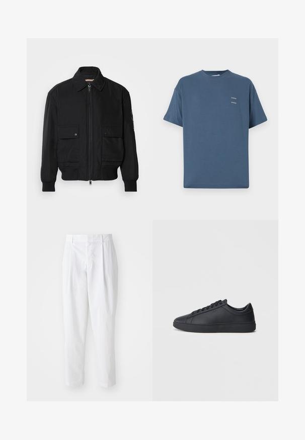 Black bomber jacket made of smooth, lightweight fabric. Features a zip front, two buttoned chest pockets, and ribbed cuffs.; Blue cotton t-shirt with a classic crew neck, short sleeves, relaxed fit, and two small printed logos on the chest. Smooth texture.; White pleated trousers with a high waist and cropped length, featuring a smooth texture and clean lines. No visible hardware or patterns.; Black sneakers made of smooth leather with a low-top design, round toe, and flat rubber sole. Features laces and subtle branding.