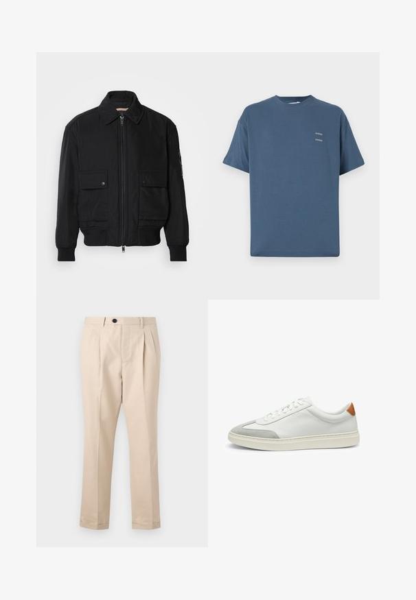 Giacca bomber nera realizzata in tessuto morbido e leggero. Caratterizzata da una chiusura con zip frontale, due tasche sul petto con bottone e polsini a costine.; T-shirt in cotone blu con collo rotondo classico, maniche corte, vestibilità rilassata e due piccoli loghi stampati sul petto. Texture liscia.; Pantaloni beige a pieghe realizzati in un tessuto morbido, con chiusura a zip e bottone, gamba dritta e orli piegati.; Sneakers bianchi in pelle con accenti in suede grigio e un tallone in pelle beige. Presentano una superficie testurizzata e una suola leggera.