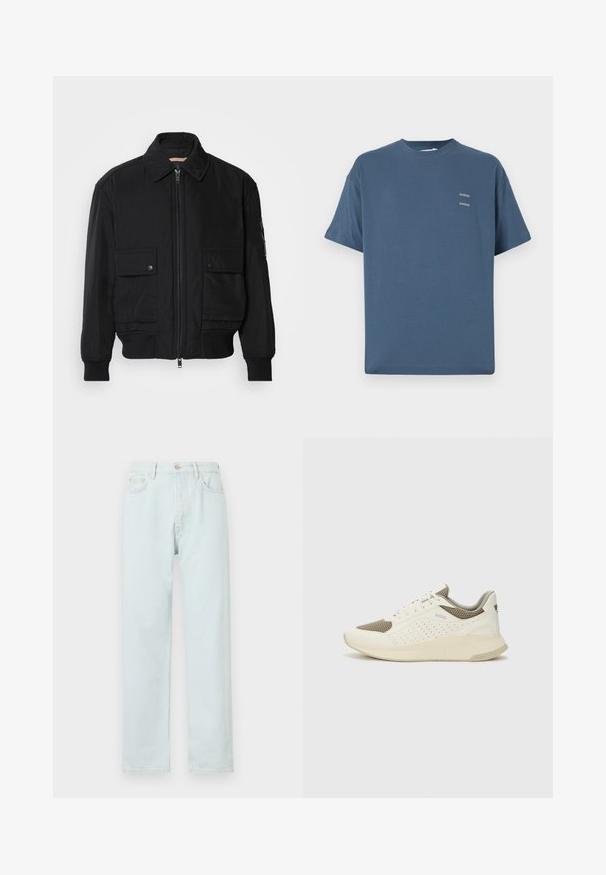 Black bomber jacket made of smooth, lightweight fabric. Features a zip front, two buttoned chest pockets, and ribbed cuffs.; Blue cotton t-shirt with a classic crew neck, short sleeves, relaxed fit, and two small printed logos on the chest. Smooth texture.; Light blue straight-leg jeans made of denim, featuring a button closure, subtle whiskering, and five-pocket design.; White and light beige athletic sneaker, featuring a mesh upper, perforated detailing, and a textured midsole with branding on the heel.