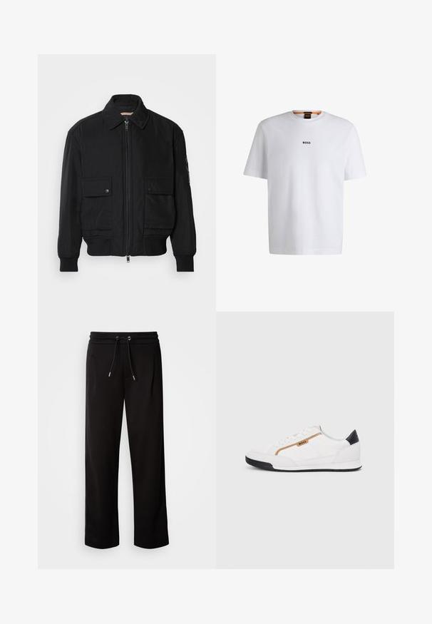 Jaqueta bomber preta feita de um tecido liso e leve. Apresenta um fecho zip à frente, dois bolsos no peito com botão e punhos canelados.; T-shirt de algodão branca com mangas curtas, apresentando um logo preto "BOSS" centrado no peito e um design de gola redonda.; Calças de sweat preto, de corte solto, feitas de tecido macio, com uma cintura elástica com cordão e bolsos laterais.; Tênis atléticos brancos com detalhes em malha e couro. Apresenta um logotipo dourado "BOSS", painéis laterais texturizados e um capô de calcanhar preto. Sola em borracha.