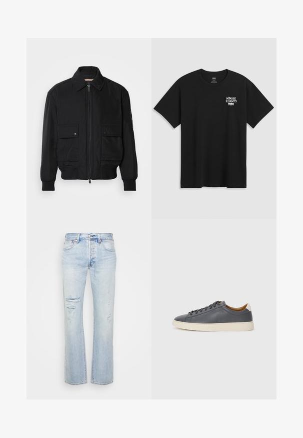Juodas bomber stiliaus švarkas, pagamintas iš sklandaus, lengvo audinio. Su užtrauktuku priekyje, dviem kišenėmis su sagomis ant krūtinės ir guma apykaklėje.; Juodas medvilninis marškinėliai su krūtinės spauda, kuri skaito "NAMŲ AUGALAI" balta stilizuota šriftu su "Levi's" žemiau. Klasikinis apvalus iškirpimas.; Šviesiai mėlyni džinsai su tiesiu siluetu, turintys nusidėvėjimo patch'ų ir nusidėvėjusius lankelius. Subtilus išblukimas ir klasikinių detalių akcentai.; Pilkas odinis sportbačiai su apvaliu nosiu, guminėmis padangomis, lygiais raišteliais ir šviesiomis akcentais ant kulno. Lygus paviršius ir minimalistinis dizainas.