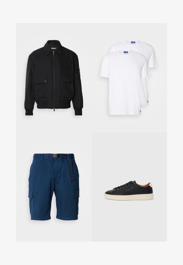 Juodas bomber stiliaus švarkas, pagamintas iš sklandaus, lengvo audinio. Su užtrauktuku priekyje, dviem kišenėmis su sagomis ant krūtinės ir guma apykaklėje.; Du duobės paprastos baltos medvilnės marškinėlių, su trumpomis rankovėmis ir apvaliais iškirpimais, su mėlynu logotipo ženkleliu netoli apvado.; Tamsiai mėlynos kargo šortai, pagaminti iš lengvo audinio, su diržo juosta, šoninėmis kišenėmis ir subtiliu tekstūru.; Juodos odinės sportbačiai su lygiu paviršiumi, smėlio spalvos guminis padas, raišteliais užsegama konstrukcija ir kontrastingas kulno akcentas.
