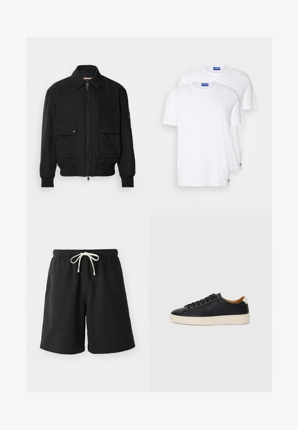 Černá bomber bunda vyrobená z hladkého, lehkého materiálu. Má zipový přední díl, dvě kapsy na hrudi s knoflíky a vroubkované manžety.; Dvé jednobarevných bílých triček z bavlny, s krátkými rukávy a kulatým výstřihem, s modrou značkovou štítkem poblíž lemu.; Černé teplákové kraťasy vyrobené z měkkého materiálu, s elastickým pasem a krémovou šňůrkou na stažení, doplněné o boční kapsy.; Černé kožené tenisky s hladkým povrchem, béžovou gumovou podešví, šněrovacím designem a kontrastním akcentem na patě.