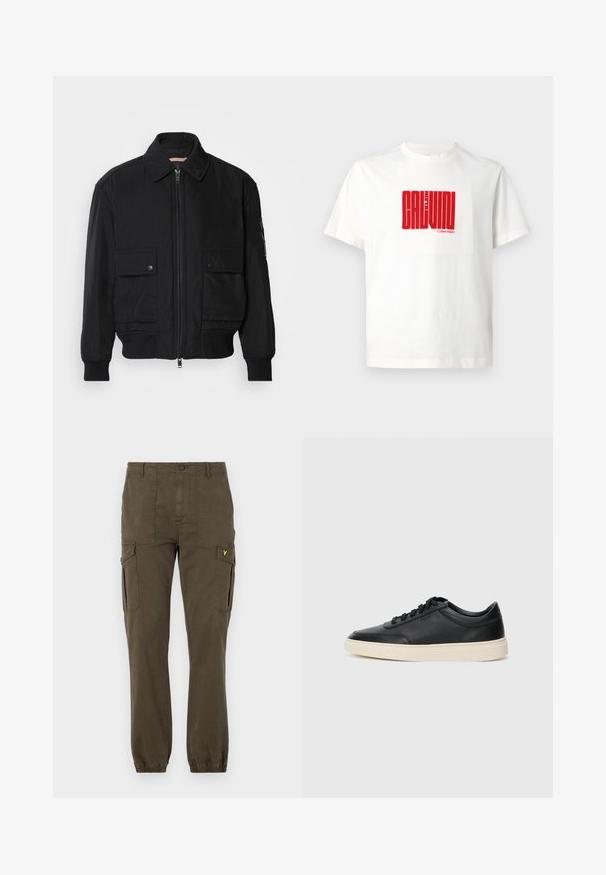 Černá bomber bunda vyrobená z hladkého, lehkého materiálu. Má zipový přední díl, dvě kapsy na hrudi s knoflíky a vroubkované manžety.; Bílý bavlněný tričko s velkým červeným grafickým potiskem "CALVIN KLEIN" na přední straně, s kulatým výstřihem a krátkými rukávy.; Olivově zelené cargo kalhoty vyrobené z bavlny, s dvěma bočními kapsami, elastickými manžetami a malým žlutým logem poblíž pasu.; Černé kožené nízké tenisky s černými tkaničkami a slonovinovou podešví, zobrazené v bočním profilu na bílém pozadí.