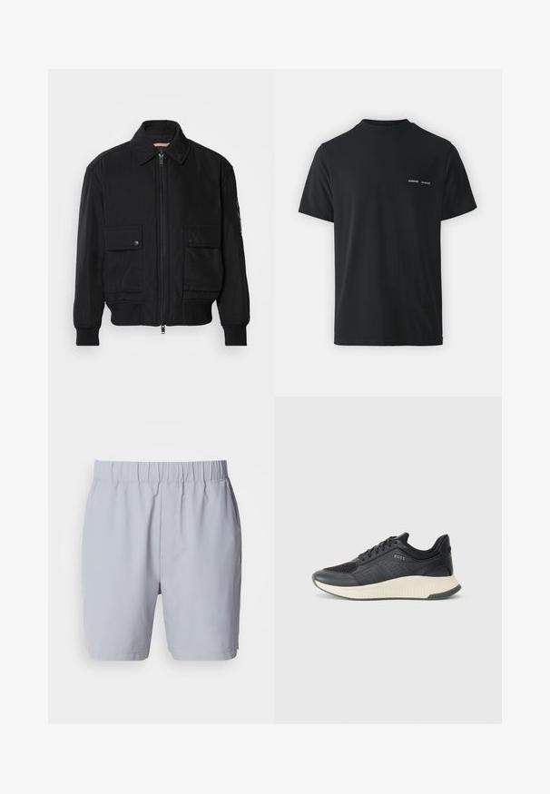 Fekete bomberdzseki sima, könnyű anyagból. Cipzáras elülső részével, két gombos mellzsebével és bordás mandzsettáival rendelkezik.; Fekete pamut póló klasszikus kerek nyakkal, rövid ujjakkal, és két kicsi fehér "SAMSØE" logóval a bal mellen.; Világosszürke úszóshort, rugalmas derékkal, két oldalsó zsebbel és sima, könnyű anyaggal. Nincsenek látható minták vagy díszítések.; Fekete sportcipő, amely hálós felső résszel és perforációkkal rendelkezik, krém színű, texturált középtalppal és gumitalppal a tapadás érdekében.