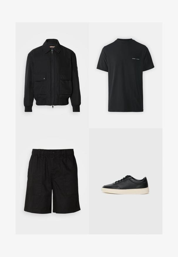 Juodas bomber stiliaus švarkas, pagamintas iš sklandaus, lengvo audinio. Su užtrauktuku priekyje, dviem kišenėmis su sagomis ant krūtinės ir guma apykaklėje.; Juodas medvilnės marškinėliai su klasikinėmis apvalios apykaklės, trumpomis rankovėmis ir dviem mažais baltais "SAMSØE" logotipais ant kairiojo krūtinės.; Juodos šortai su elastinga juosmeniu ir mygtukų uždarymu. Yra dvi didelės šoninės kišenės su tekstūruotu audiniu. Kasdienis dizainas.; Juoda žema viršutinė odinė sportbačiai su juodais raišteliais ir kreminiu padu, pateikti šoniniame profilyje ant baltos fono.