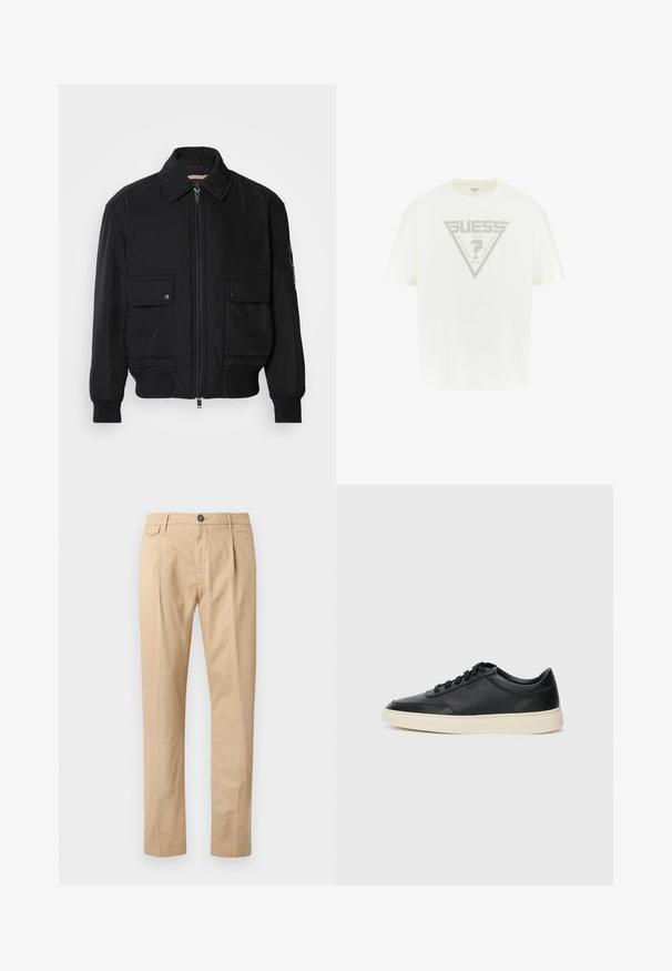 Veste bomber noire en tissu lisse et léger. Dotée d'une fermeture éclair à l'avant, de deux poches poitrines boutonnées et de poignets côtelés.; T-shirt en coton blanc avec un grand graphique triangulaire gris portant les inscriptions "GUESS," "U.S.A.," et "NINETEEN EIGHTY-ONE". Manches courtes, col rond.; Pantalons en coton beige à jambe droite pour homme, avec poches avant, passants de ceinture, fermeture à bouton et zip, sur fond blanc.; Baskets en cuir noires à tiges basses avec lacets noirs et semelle ivoire, présentées en profil latéral sur fond blanc.