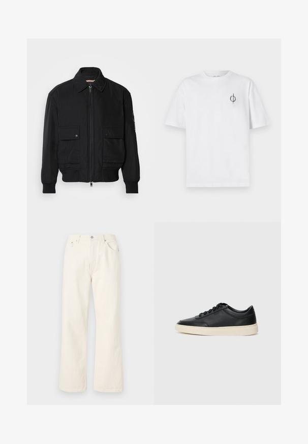 Black bomber jacket made of smooth, lightweight fabric. Features a zip front, two buttoned chest pockets, and ribbed cuffs.; White cotton t-shirt with a relaxed fit, featuring a small black graphic logo on the left chest area. Short sleeves, crew neck style.; Cream-colored wide-leg jeans made from denim, featuring a standard five-pocket design and a metal button closure at the waist.; Black low-top leather sneaker with black laces and off-white sole shown in side profile on white background.