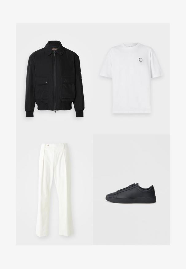 Black bomber jacket made of smooth, lightweight fabric. Features a zip front, two buttoned chest pockets, and ribbed cuffs.; White cotton t-shirt with a relaxed fit, featuring a small black graphic logo on the left chest area. Short sleeves, crew neck style.; White, straight leg trousers made of smooth fabric, featuring a single front pleat, front pockets, and a button closure at the waist.; Black sneakers made of smooth leather with a low-top design, round toe, and flat rubber sole. Features laces and subtle branding.