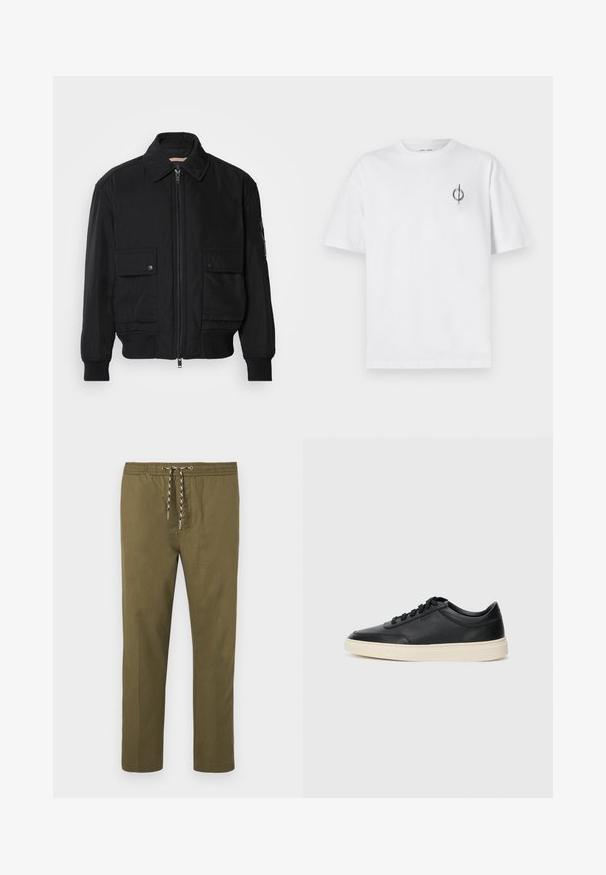 Czarna kurtka bombowiec wykonana z gładkiego, lekkiego materiału. Posiada zamek błyskawiczny z przodu, dwie kieszenie na piersi zapinane na guziki oraz ściągacze przy mankietach.; Biała bawełniana koszulka o luźnym kroju, z małym czarnym graficznym logo na lewej piersi. Krótkie rękawy, klasyczny okrągły dekolt.; Oliwkowe spodnie z elastycznym paskiem w talii i regulowanym sznurkiem. Prosty krój nogawek; materiał ma gładką, miękką fakturę.; Czarne niskie skórzane sneakersy z czarnymi sznurówkami i off-white podeszwą, prezentowane w profilu bocznym na białym tle.