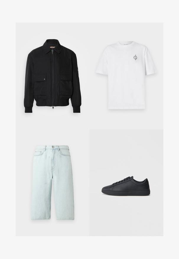 Veste bomber noire en tissu lisse et léger. Dotée d'une fermeture éclair à l'avant, de deux poches poitrines boutonnées et de poignets côtelés.; T-shirt en coton blanc avec une coupe décontractée, présentant un petit logo graphique noir sur le côté gauche de la poitrine. Manches courtes, col rond.; Shorts en denim bleu clair avec une coupe à jambe droite, taille mi-haute, poches avant et une poche arrière unique, finition avec des coutures discrètes.; Baskets noires en cuir lisse avec un design bas, bout rond et semelle en caoutchouc plate. Elles sont dotées de lacets et d'un branding subtil.
