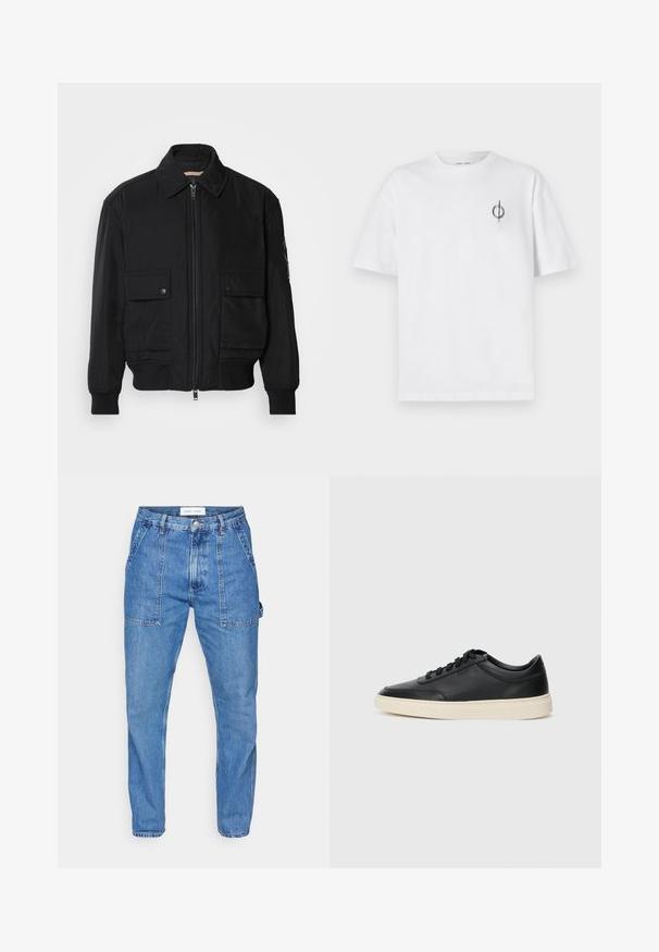 Juodas bomber stiliaus švarkas, pagamintas iš sklandaus, lengvo audinio. Su užtrauktuku priekyje, dviem kišenėmis su sagomis ant krūtinės ir guma apykaklėje.; Balta medvilninė marškinė su laisvu siluetu, su mažą juodą grafiką logotipą kairėje krūtinės pusėje. Trumpomis rankovėmis, apvaliu kaklu.; Šviesiai mėlynos džinsinės kelnės su aukštu liemeniu, tiesiomis kojomis ir priekinėmis kišenėmis. Yra kontrastinga siuvinėjimo linija ir mygtukų uždarymas.; Juoda žema viršutinė odinė sportbačiai su juodais raišteliais ir kreminiu padu, pateikti šoniniame profilyje ant baltos fono.