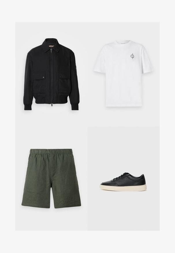 Chaqueta bomber negra de tejido suave y ligero. Cuenta con cierre de cremallera en la parte delantera, dos bolsillos en el pecho con botón y puños acanalados.; Camiseta de algodón blanca con un corte relajado, con un pequeño logotipo gráfico negro en el área del pecho izquierdo. Mangas cortas, estilo cuello redondo.; Pantalones cortos de lino verdes con una cinturilla elástica, corte de pierna recta y una textura suave, con costuras simples sin adornos adicionales.; Zapatilla negra de piel de caña baja con cordones negros y suela color crema, mostrada en perfil lateral sobre fondo blanco.