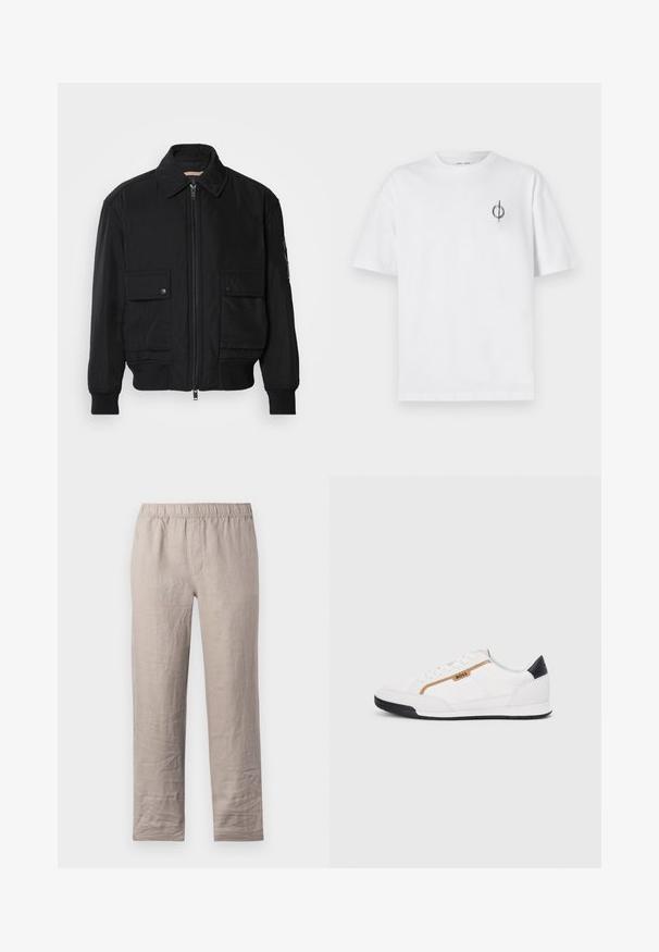 Juodas bomber stiliaus švarkas, pagamintas iš sklandaus, lengvo audinio. Su užtrauktuku priekyje, dviem kišenėmis su sagomis ant krūtinės ir guma apykaklėje.; Balta medvilninė marškinė su laisvu siluetu, su mažą juodą grafiką logotipą kairėje krūtinės pusėje. Trumpomis rankovėmis, apvaliu kaklu.; Šviesiai smėlio spalvos lino kelnės su elastinga juosta, tiesaus modeliavimo, be matomų kišenių. Lygus paviršius su nedideliais raukšlėmis.; Balti sportiniai bateliai su tinklinėmis ir odinėmis detalėmis. Yra auksinė "BOSS" logotipas, tekstūruoti šonai ir juodas kulno dangtelis. Guminis padas.