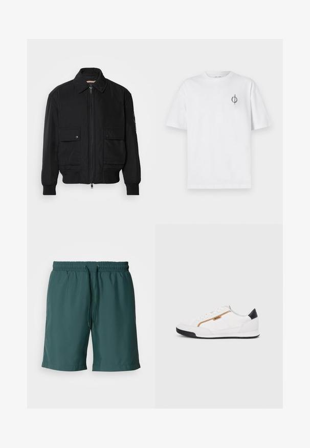 Svart bomberjacka gjord av mjukt, lättviktigt tyg. Har dragkedja fram, två knappade bröstfickor och ribbade ärmslut.; Vit bomullströja med avslappnad passform, med en liten svart grafisk logotyp på vänster bröstområde. Korta ärmar, rundad hals.; Gröna, lätta shorts med elastisk midja och dragsko, med en mjuk textur och sidofickor för bekvämlighet.; Vita sportskor i vitt med inslag av nät och läder. Har en gyllene "BOSS"-logotyp, texturerade sidopaneler och en svart hälkap. Gummisula.