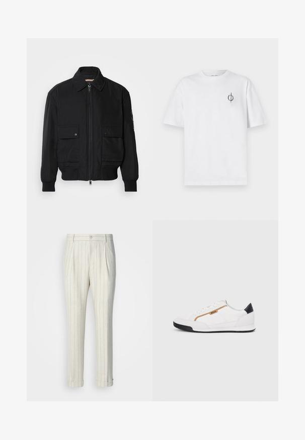 Veste bomber noire en tissu lisse et léger. Dotée d'une fermeture éclair à l'avant, de deux poches poitrines boutonnées et de poignets côtelés.; T-shirt en coton blanc avec une coupe décontractée, présentant un petit logo graphique noir sur le côté gauche de la poitrine. Manches courtes, col rond.; Pantalons plissés en tissu léger, avec une base crème et de fines rayures verticales bleues. Ourlets à revers et un bouton à l'avant.; Baskets blanches avec des accents en maille et en cuir. Caractéristiques d'un logo "BOSS" doré, de panneaux latéraux texturés et d'un capuchon de talon noir. Semelle en caoutchouc.