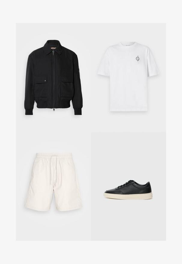 Fekete bomberdzseki sima, könnyű anyagból. Cipzáras elülső részével, két gombos mellzsebével és bordás mandzsettáival rendelkezik.; Fehér pamut póló laza szabással, kis fekete grafikai logóval a bal mellen. Rövid ujjak, kerek nyakkivágás.; Világos bézs színű sort, puha, könnyű anyagból készült. Tavaszi derékrésszel és zsinórral ellátott, oldalsó zsebekkel.; Fekete, alacsony szárú bőrsneaker fekete fűzőkkel és törtfehér talppal, oldalnézetben, fehér háttér előtt.