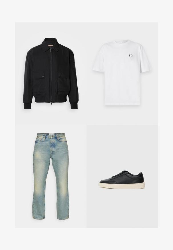 Must mustrakk musth kergestikuti kergemest kuduklett, kergete vestid valjase tormakate. Omab fasadi lukkumist, kahte nööbül pulsiv кофейня ning ribitud käiseid.; Valge puuvillane t-särk lõdva sobivusega, millel on vasakul rinnal väike must graafiline logo. Lühikesed varrukad, ümmargune kaelus.; Samsøe Samsøe EDDIE - Sirgete säärtega teksad - grime; Mustad musta nahast madal sneaker mustade nööpidega ja kreemivalge tallaga, nähtud külgprofiilis valge tausta ees.