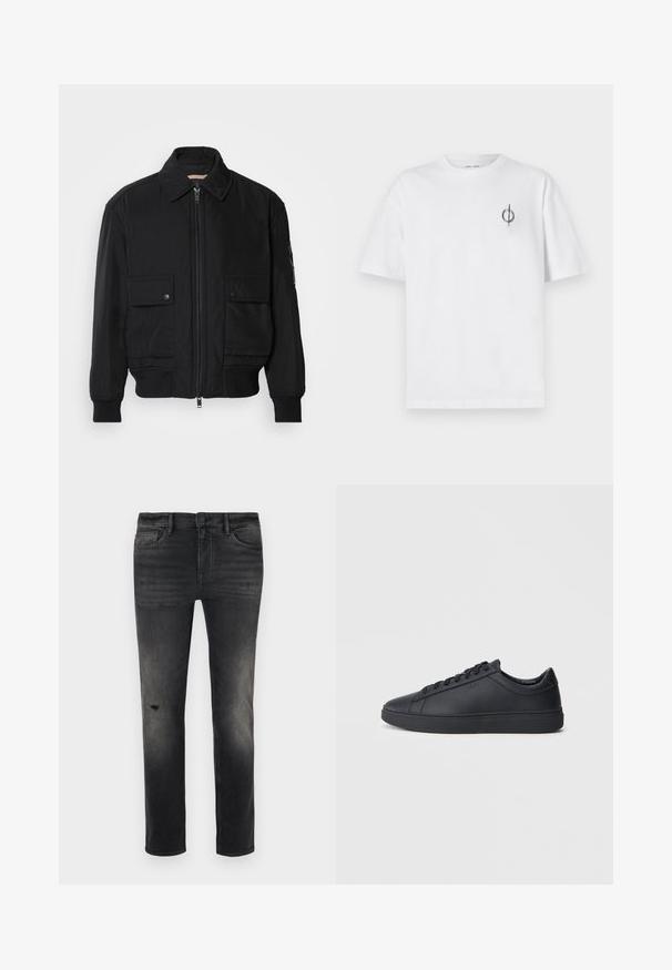 Černá bomber bunda vyrobená z hladkého, lehkého materiálu. Má zipový přední díl, dvě kapsy na hrudi s knoflíky a vroubkované manžety.; Bílý bavlněný tričko s volným střihem, které má malé černé grafické logo na levé straně hrudi. Krátké rukávy, kulatý výstřih.; Klasické černé slim-fit džíny z denimu s blednutím, lehkým opotřebením v oblasti kolene, pěti kapsami a standardním zapínáním na knoflík a zip.; Černé tenisky z hladké kůže s nízkým designem, kulatou špičkou a plochou gumovou podrážkou. Mají šněrování a nenápadné branding.