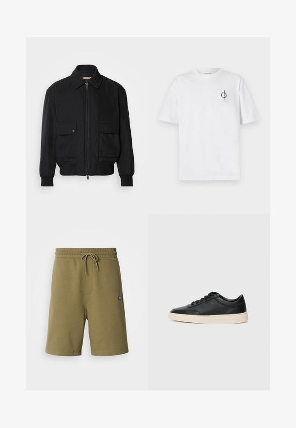 Veste bomber noire en tissu lisse et léger. Dotée d'une fermeture éclair à l'avant, de deux poches poitrines boutonnées et de poignets côtelés.; T-shirt en coton blanc avec une coupe décontractée, présentant un petit logo graphique noir sur le côté gauche de la poitrine. Manches courtes, col rond.; Shorts de sport en kaki, fabriqués en mélange de coton doux, avec une taille élastique à cordon de serrage, des poches latérales et un écusson logo.; Baskets en cuir noires à tiges basses avec lacets noirs et semelle ivoire, présentées en profil latéral sur fond blanc.
