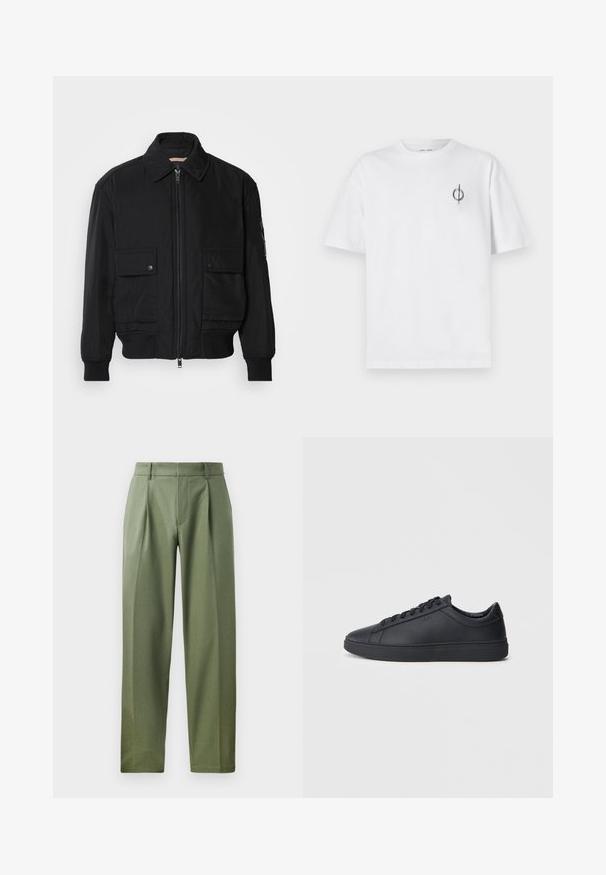 Jaqueta bomber preta feita de um tecido liso e leve. Apresenta um fecho zip à frente, dois bolsos no peito com botão e punhos canelados.; Camisa de algodão branca com um corte relaxado, apresentando um pequeno logótipo gráfico preto na área do peito esquerdo. Mangas curtas, estilo de gola redonda.; Calças sob medida em tecido verde-oliva com uma textura suave, apresentando duas pregas frontais, passagens para cinto e um design de perna reta.; Ténis pretos feitos de couro liso com um design de cano baixo, bico redondo e sola de borracha plana. Apresentam atacadores e uma marcação discreta.